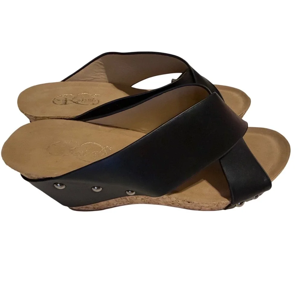 Modern Rebels Rain Black Faux Leather Cork Wedge Platform Studded Sandals 7